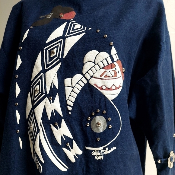 Lida Blue Chambray Top Shirt Southwestern‎ Art Vintage 80s Embelished Size L - Picture 12 of 13